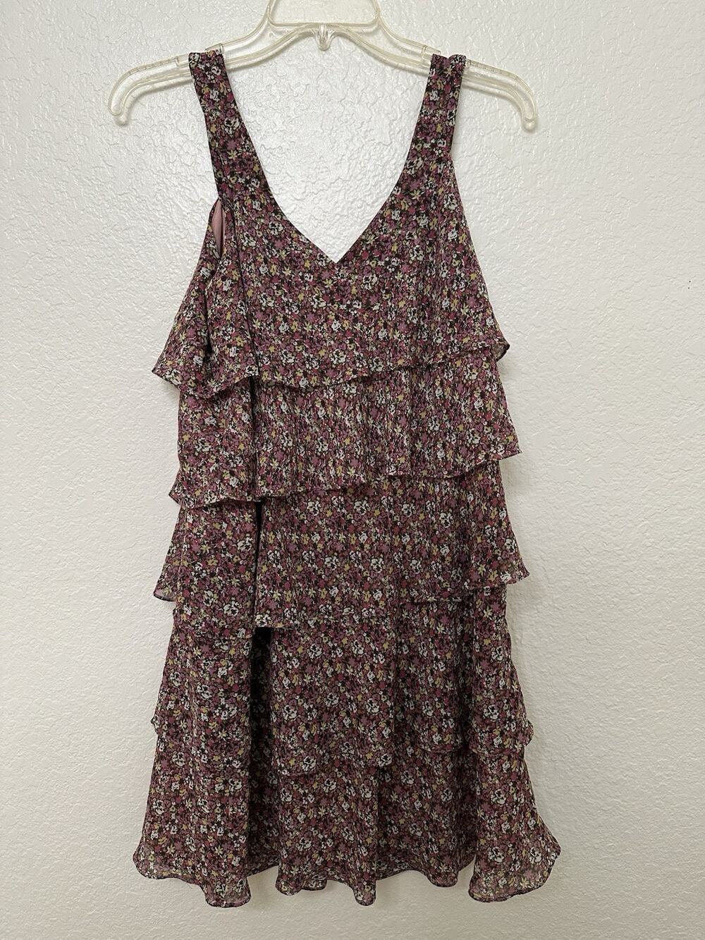 NINE WEST Floral Chiffon Tiered Ruffle Double V Shift Party Dress sz 10